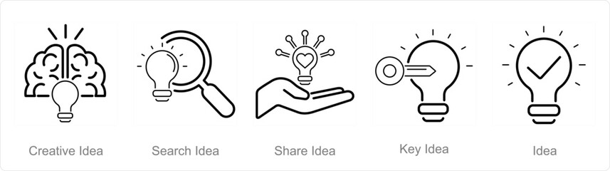 A set of 5 Idea icons as creative idea, search idea, share idea