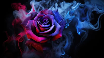 Schilderijen op glas Purple rose wrapped in red smoke swirl on black background © tashechka