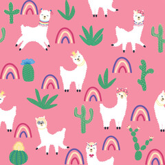 Cute pattern with llamas, cacti, Alps mountains, dream catcher, rainbows and hearts. Children s room design