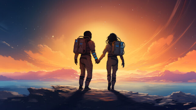 Astronaut couple holding each others hands