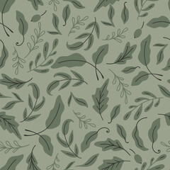Monochrome Green Leaves Vector Seamless Pattern