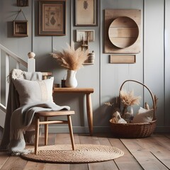 Rustic chair and side table against brown stucco and wood wall. Boho, nomadic home interior design of modern and 90s living room style.