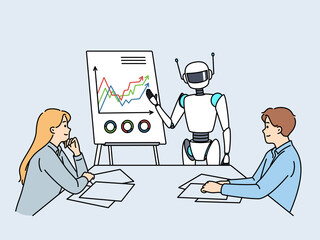 Artificial intelligence robot speaks to people in corporate boardroom to discuss company plans. Teamwork of employees and robot in office to achieve goals and automate business processes