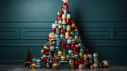 A Christmas tree made from cans of paint, multi-colored containers instead of toys. Concept: illustration for advertising of construction stores. Turquoise background, Banner with copy space