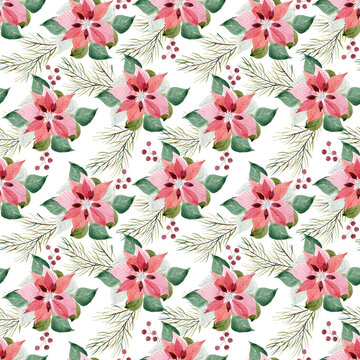 Wonderful watercolor christmas seamless pattern with poinsettia.