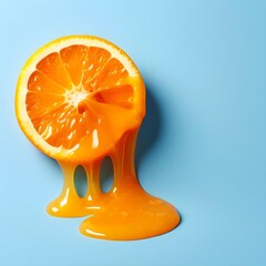 Creative summer concept with copy space. A sliced orange slice with a rasping juice, Vibrant orange slice on a blue background.