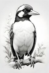 Black and white illustration of a bird on a branch.