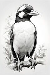 Fototapeta premium Black and white illustration of a bird on a branch.