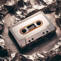 old audio cassette tape on crumpled silver background. retro and nostalgia style. vintage music...