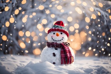 Obraz premium Smiling snowman. The winter background is adorned with shimmering gold confetti, adding a touch of elegance to this playful New Year mockup.