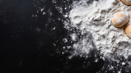 Baking background. Sprinkled flour on black background