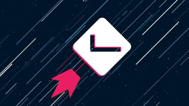 Checkbox symbol flies through the universe on a jet propulsion. The symbol in the center is shaking due to high speed. Seamless looped 4k animation on dark blue background with stars