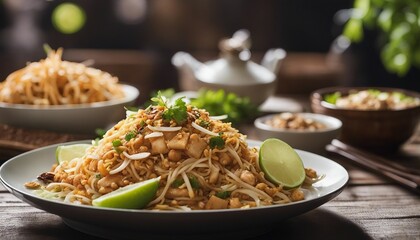 A plate of pad Thai, the stir-fried noodles mixed with egg, tofu, and bean sprouts, garnished 