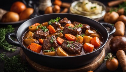 Beef Bourguignon A hearty beef stew with carrots and potatoes in a wine sauce - Powered by Adobe