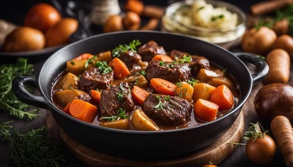 Poster Beef Bourguignon A hearty beef stew with carrots and potatoes in a wine sauce © vanAmsen