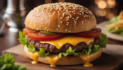 Classic Beef Cheeseburger  Juicy patty with melted cheddar, lettuce, and tomato
