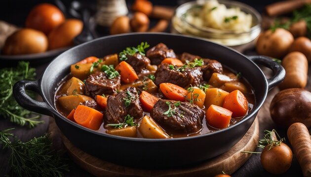 Beef Bourguignon A hearty beef stew with carrots and potatoes in a wine sauce