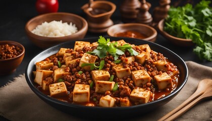 Mapo Tofu Spicy and aromatic tofu dish with Sichuan pepper and minced meat - obrazy, fototapety, plakaty