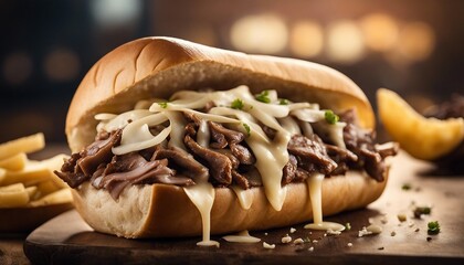 Philly Cheesesteak Thinly sliced steak with melted provolone and onions on a hoagie roll - obrazy, fototapety, plakaty
