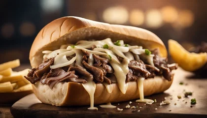 Fotobehang Philly Cheesesteak Thinly sliced steak with melted provolone and onions on a hoagie roll © vanAmsen