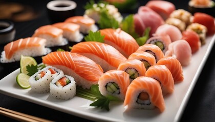 Sushi Platter  An assortment of nigiri and maki sushi, showcasing fresh salmon, tuna, and cucumber