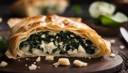 Spanakopita  Spinach and feta cheese pie wrapped in flaky phyllo dough - obrazy, fototapety, plakaty