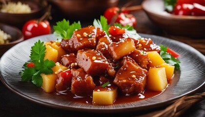 Sweet and Sour Pork  Tender pork in a vibrant sweet and sour sauce with pineapple