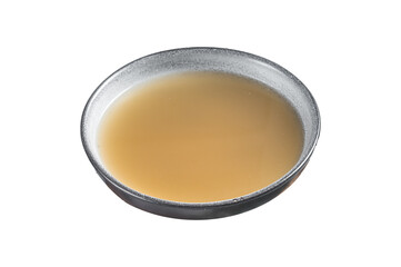 Bone meat chicken broth in a plate.  Transparent background. Isolated.