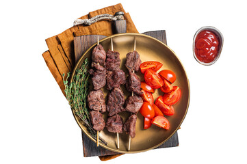 Lamb shish kebab grilled Skewers in a plate with tomato.  Transparent background. Isolated.
