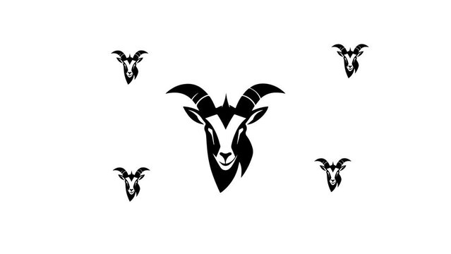 Zoom in and out animation the goat head symbol. Large black symbol in the center and four small symbols around. Seamless looped 4k animation on white background