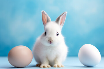 Imagen de un conejo blanco adorable con temática de Pascua en fondo azul.