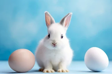 Rolgordijnen Imagen de un conejo blanco adorable con temática de Pascua en fondo azul. © ACG Visual