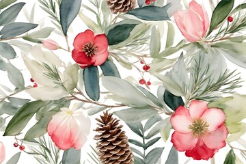 Watercolor winter decoration features a unique combination of magnolia leaves, rosemary branches, and spruce trees.