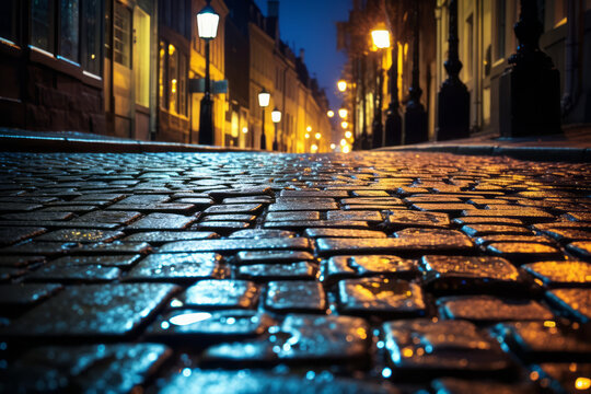 Calle empedrada en el casco antiguo de la ciudad durante la noche.