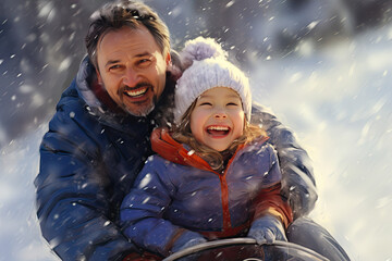 happy father and daughter sled in snow