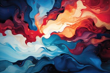 Vivid mix of red, blue, and creamy swirls creating an abstract, fluid art piece with a dreamy, marbled appearance - obrazy, fototapety, plakaty