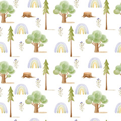 Watercolor forest seamless pattern with trees, leaves and rainbows. Hand drawn illustration for fabric, wrapping paper, etc.