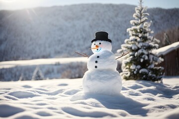 Obraz premium Smiling snowman. The winter background is adorned with shimmering gold confetti, adding a touch of elegance to this playful New Year mockup.