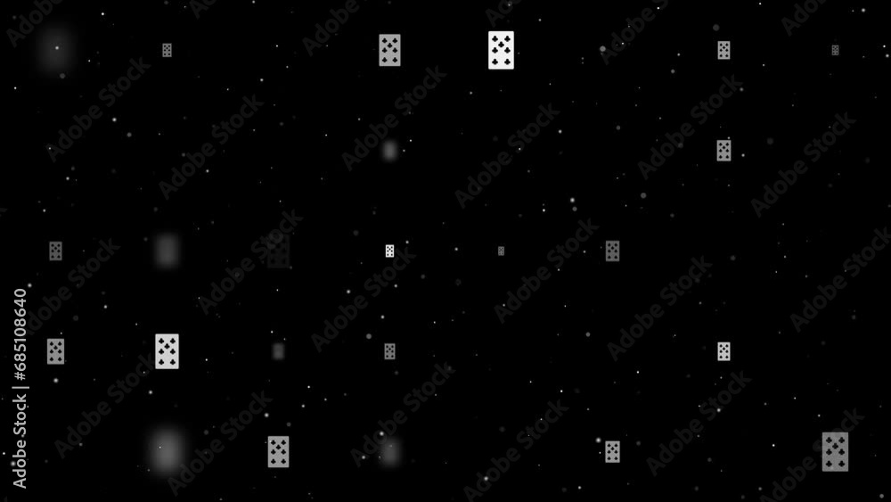 Poster template animation of evenly spaced seven of clubs playing cards of different sizes and opacity. ani