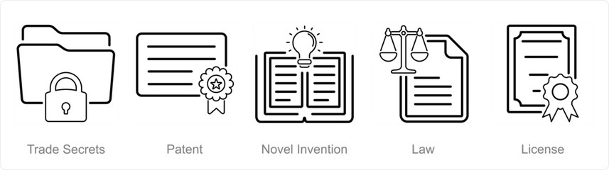 A set of 5 Intellectual Property icons as trade secrets, patent, novel invention - obrazy, fototapety, plakaty
