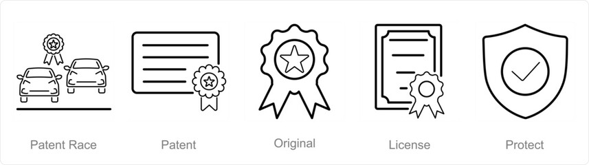 A set of 5 Intellectual Property icons as patent race, patent, original