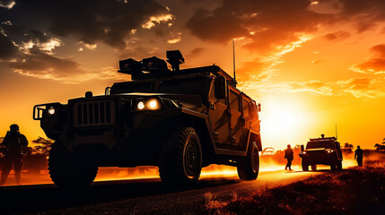Military patrol car on sunset background. Army war