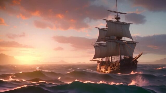 Galley ship sailing across the sea with waves at sunset, under a sky of pink and purple clouds. Epic adventurous scene for a story of pirates, treasures, exploration, and conquests, in slow motion