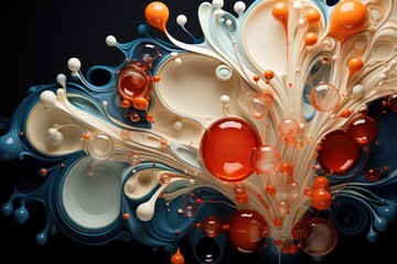 Surreal 3D sculpture of whimsical white swirls and floating orbs in a palette of blue, orange, and cream.
