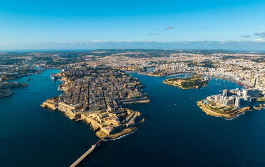Valletta City in Malta Aerial Drone Photography. A drone's perspective captures the historic grandeur and coastal charm - obrazy, fototapety, plakaty