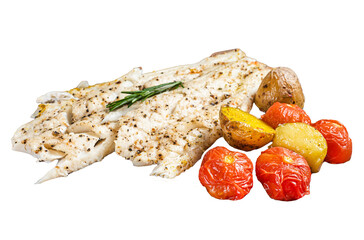 Baked Haddock fish fillet on wooden board with tomato and potato.  Transparent background. Isolated.