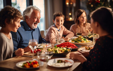 Family Christmas dinner, large family of different generations together at the table having dinner and having fun, Merry Christmas concept