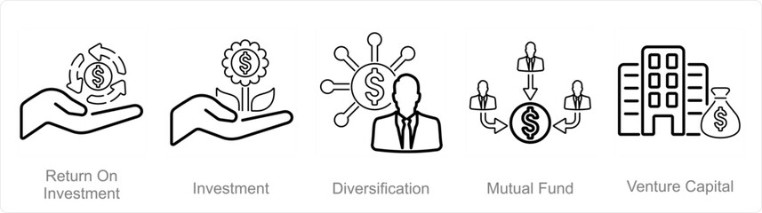 A set of 5 Investment icons as investment, diversification, mutual fund