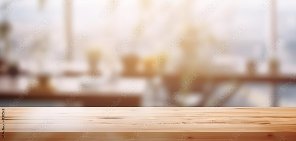 Poster minimalist workspace. empty wooden desk or table in bright room perfect for creating clean and moder