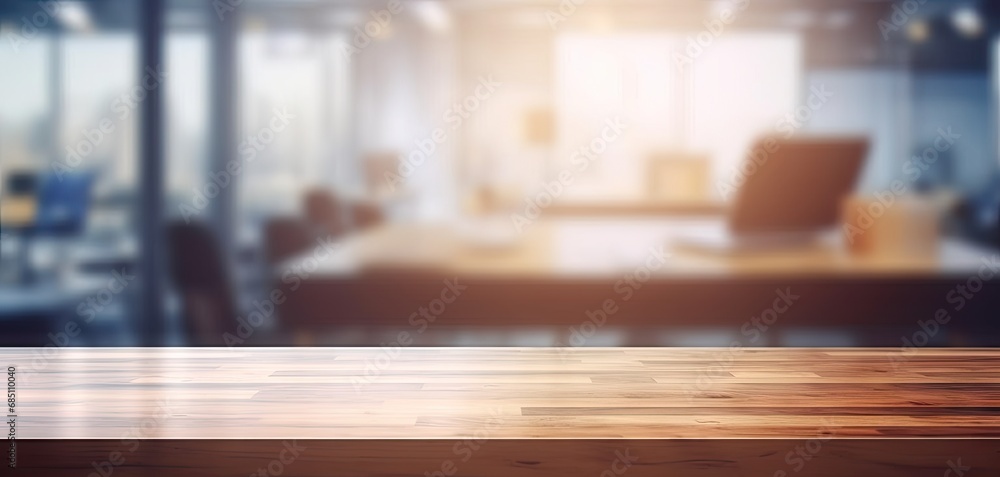 Poster minimalist workspace. empty wooden desk or table in bright room perfect for creating clean and moder